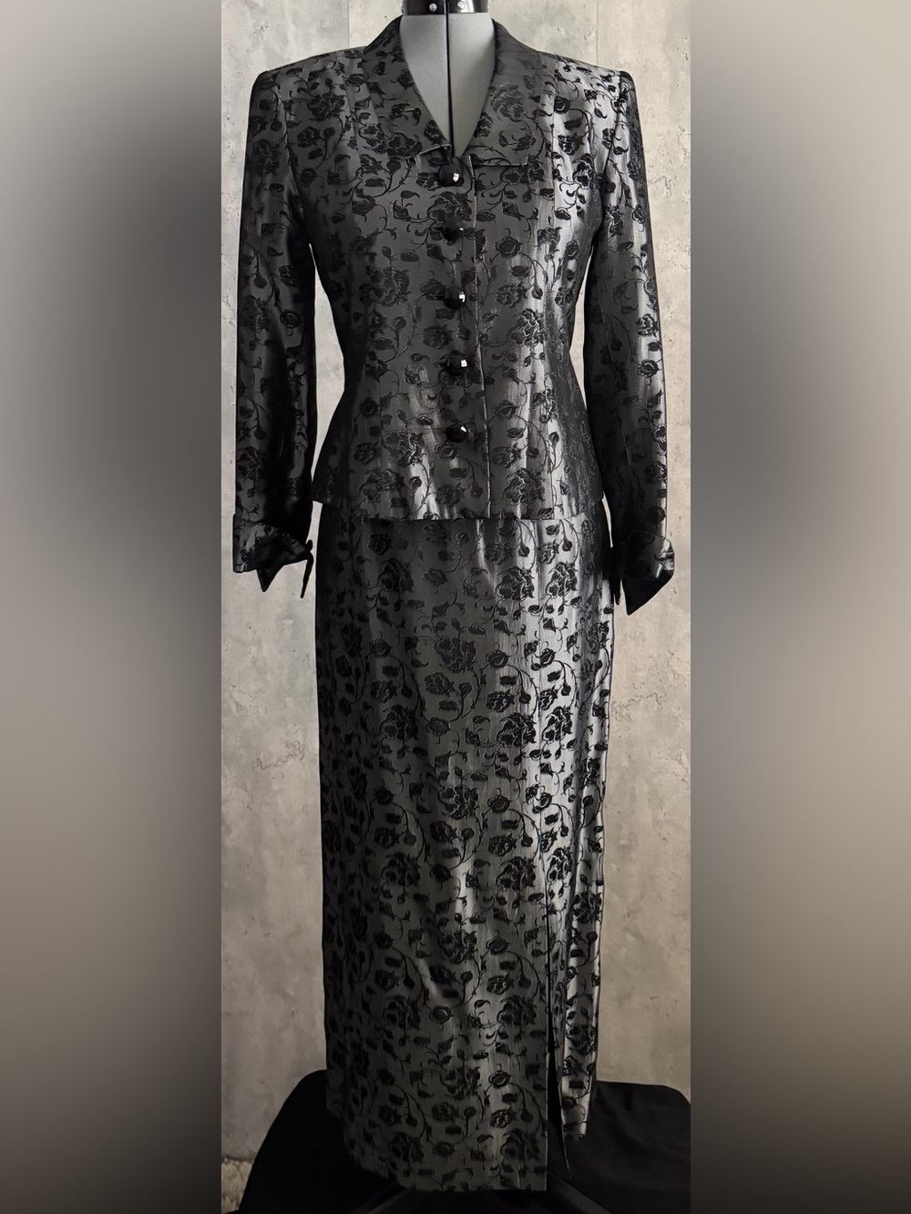 VTG Arnold Scaasi Skirt Suit 2pc Metallic Gray Black Floral Jacquard Maxi Form 4